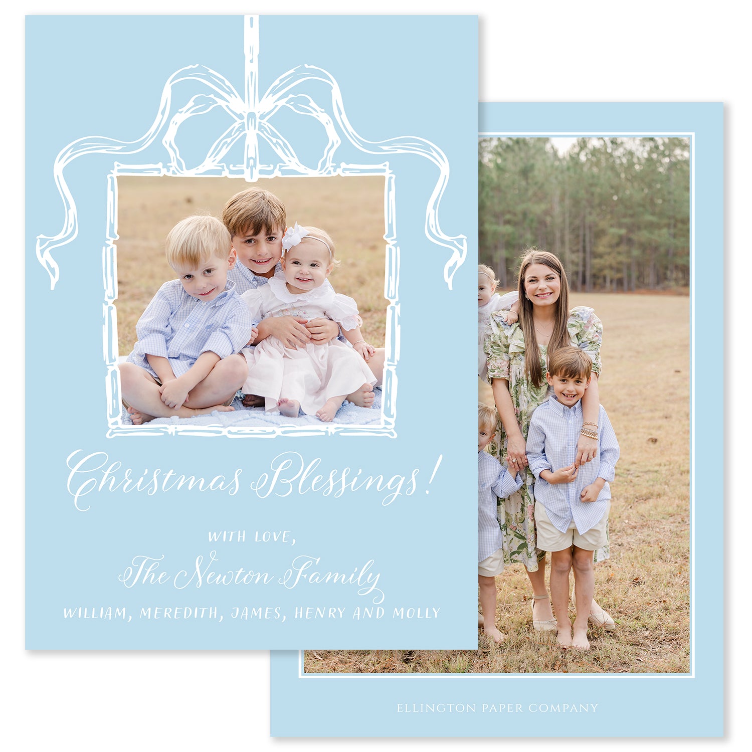 Festive Bow Vertical Holiday Photo Card, Blue