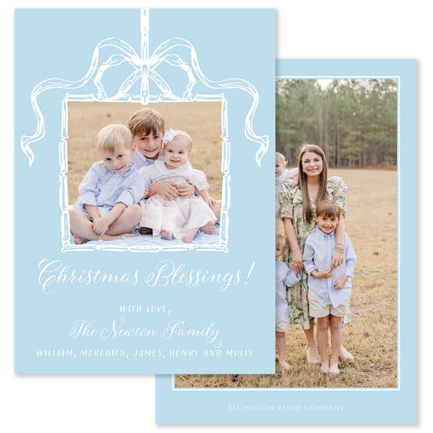 Festive Bow Vertical Holiday Photo Card, Blue