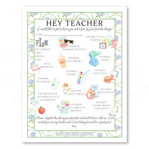 Printable "Hey Teacher" Wishlist, Blue Hydrangea - Restaurant Option - Digital