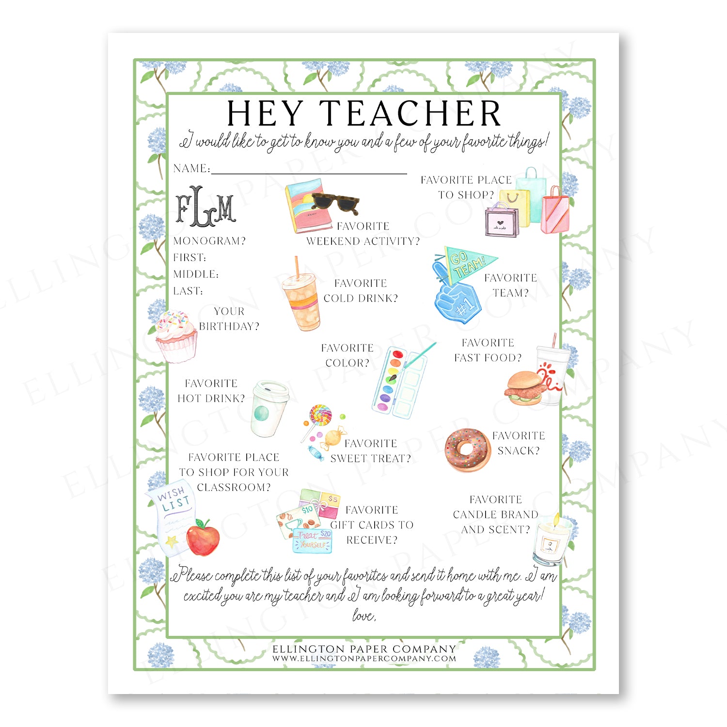 Printable "Hey Teacher" Wishlist, Blue Hydrangea - Snack Option - Digital