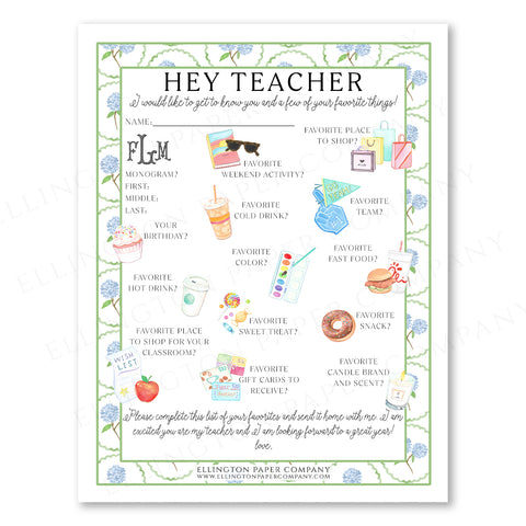 Printable "Hey Teacher" Wishlist, Blue Hydrangea - Snack Option - Digital
