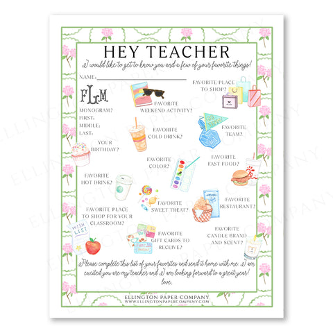 Printable "Hey Teacher" Wishlist, Pink Hydrangea - Restaurant Option - Digital