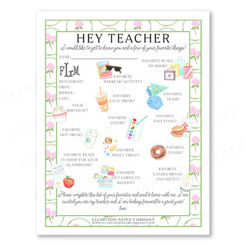 Printable "Hey Teacher" Wishlist, Pink Hydrangea - Snack Option - Digital