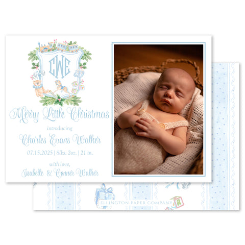 Merry Little Christmas Crest Holiday Photo Card, Blue