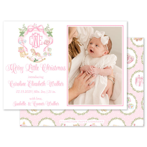 Merry Little Christmas Crest Holiday Photo Card, Pink