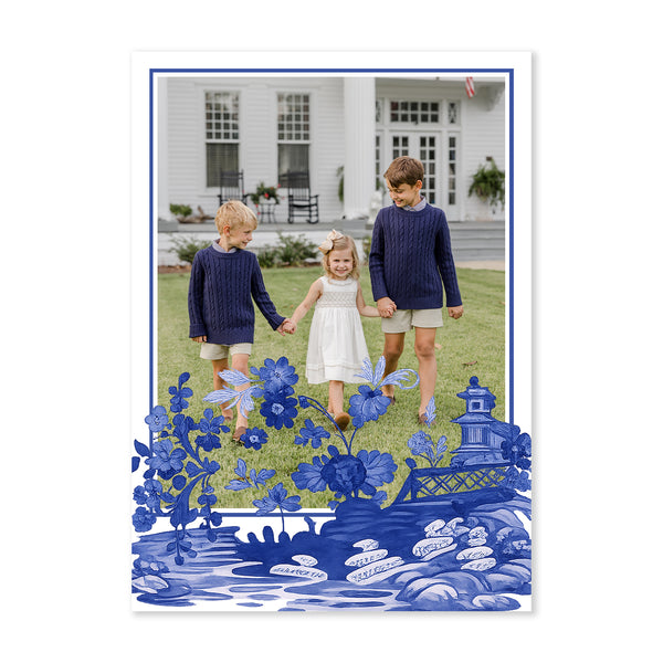 Natale Garden Vertical Holiday Photo Card, Blue
