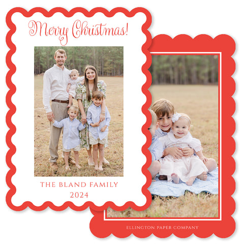 Simple Scallop Vertical Holiday Photo Card, Red