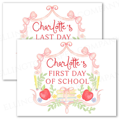 Custom Printable First and Last Day of School Sign, Pink Books Crest