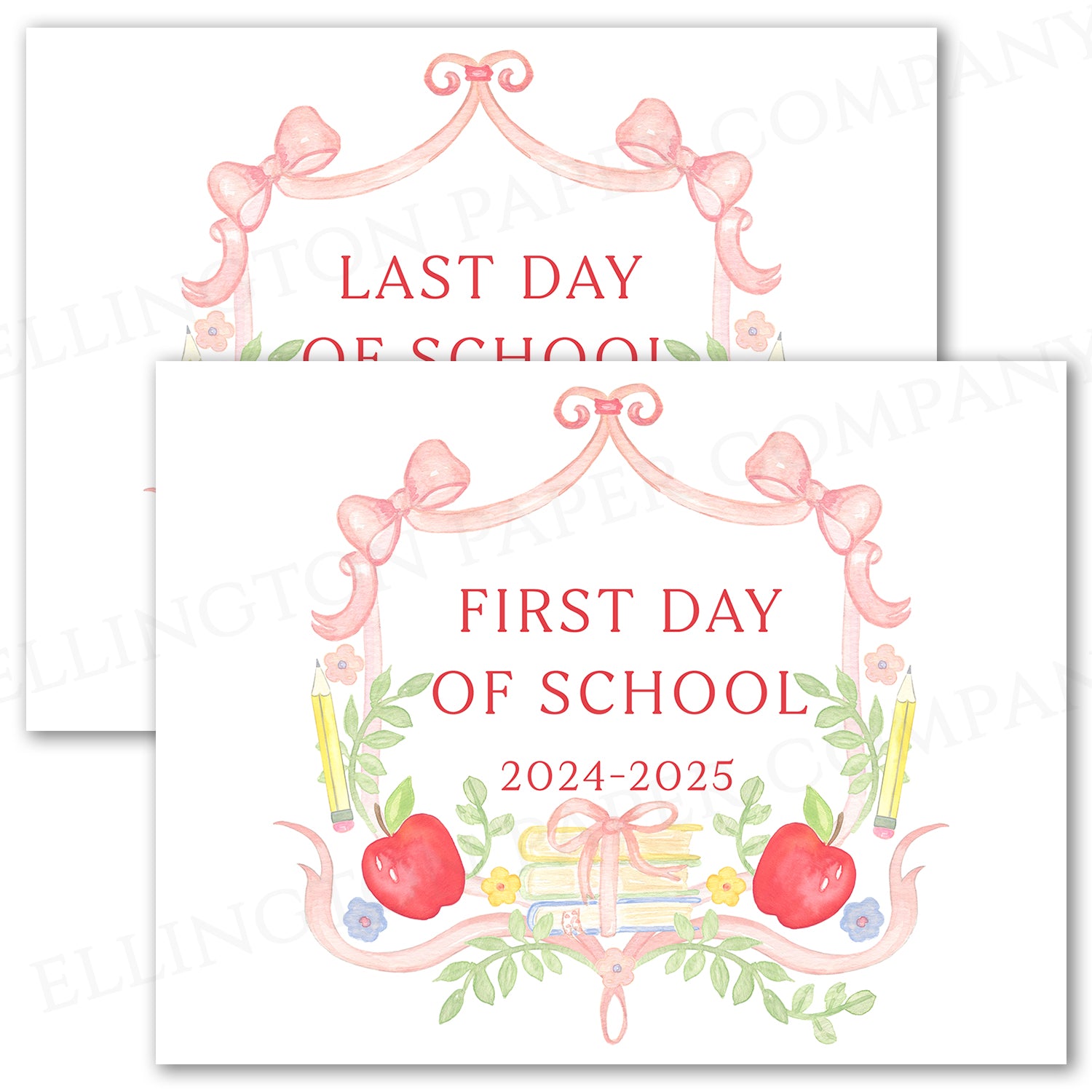 Printed First and Last Day of School Sign, Pink Books Crest 2024-2025