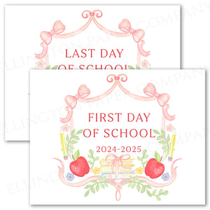 Printed First and Last Day of School Sign, Pink Books Crest 2024-2025