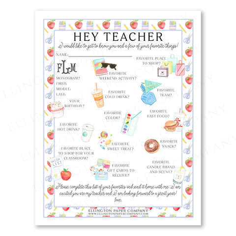 Printable "Hey Teacher" Wishlist, School Days Pattern - Snack Option - Digital