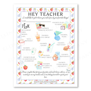 Printable "Hey Teacher" Wishlist, School Days Pattern - Restaurant Option - Digital