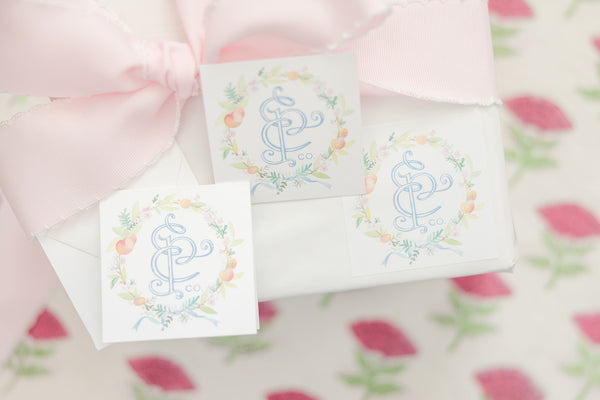 Monogram Pink and Blue Crest Enclosure Cards and Stickers