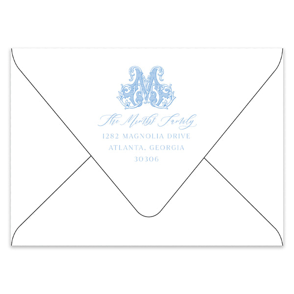 Antique Monogram Holiday Photo Card Address Printing Add-On, Light Blue