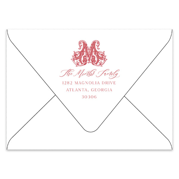 Antique Monogram Holiday Photo Card Address Printing Add-On, Red
