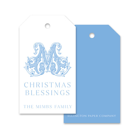 Antique Monogram Holiday Gift Tags, Light Blue