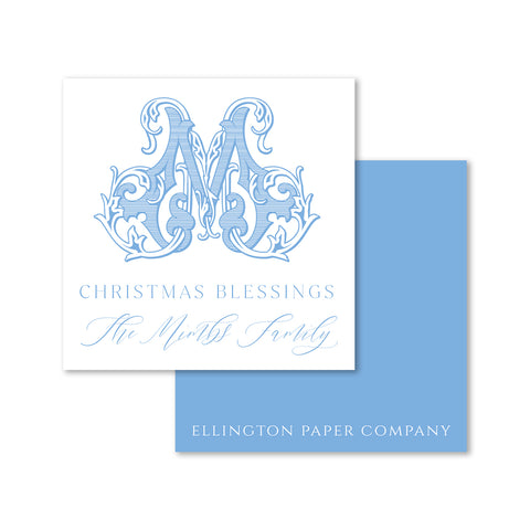 Antique Monogram Holiday Enclosure Cards and Stickers, Light Blue