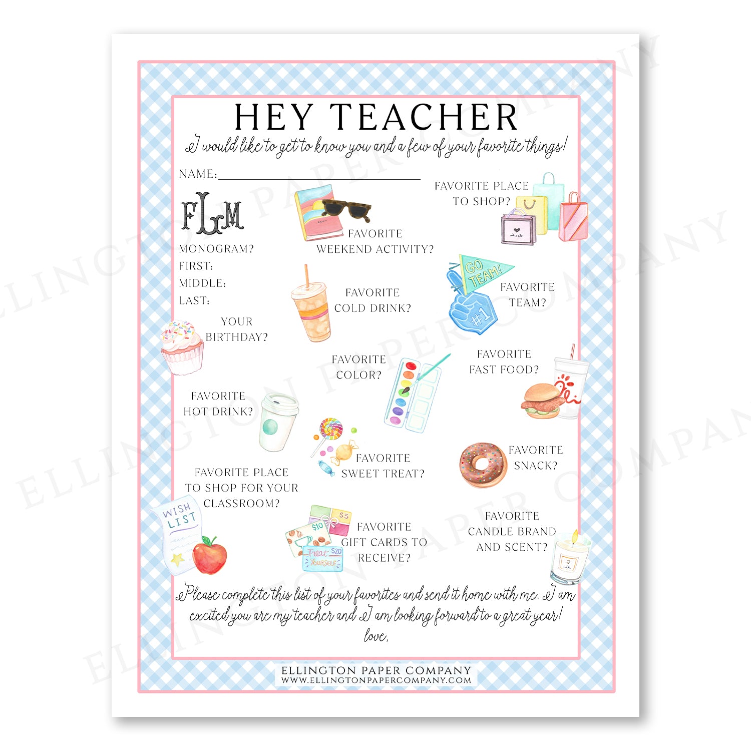 Printable "Hey Teacher" Wishlist, Blue Gingham - Snack Option - Digital