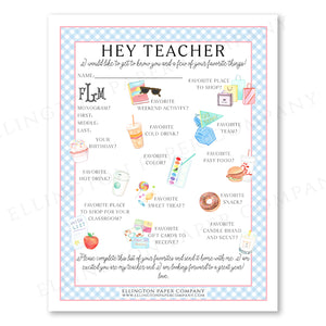 Printable "Hey Teacher" Wishlist, Blue Gingham - Snack Option - Digital