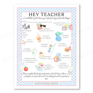 Printable "Hey Teacher" Wishlist, Blue Gingham - Restaurant Option - Digital