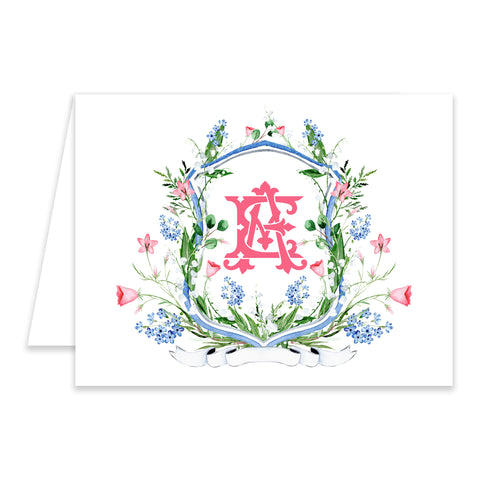 Monogram Pink and Blue Crest Folded Notecards