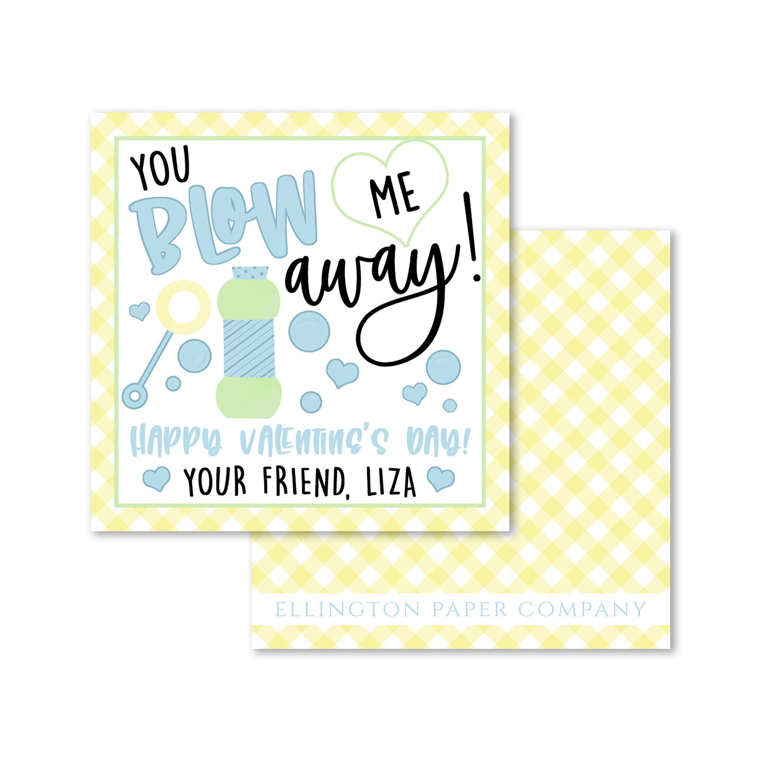 "You Blow Me Away" Valentine Enclosure Cards and Stickers, Blue and Yellow