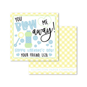 "You Blow Me Away" Valentine Enclosure Cards and Stickers, Blue and Yellow