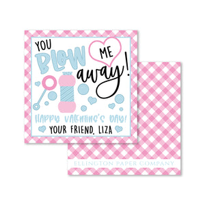 "You Blow Me Away" Valentine Enclosure Cards and Stickers, Pink and Blue