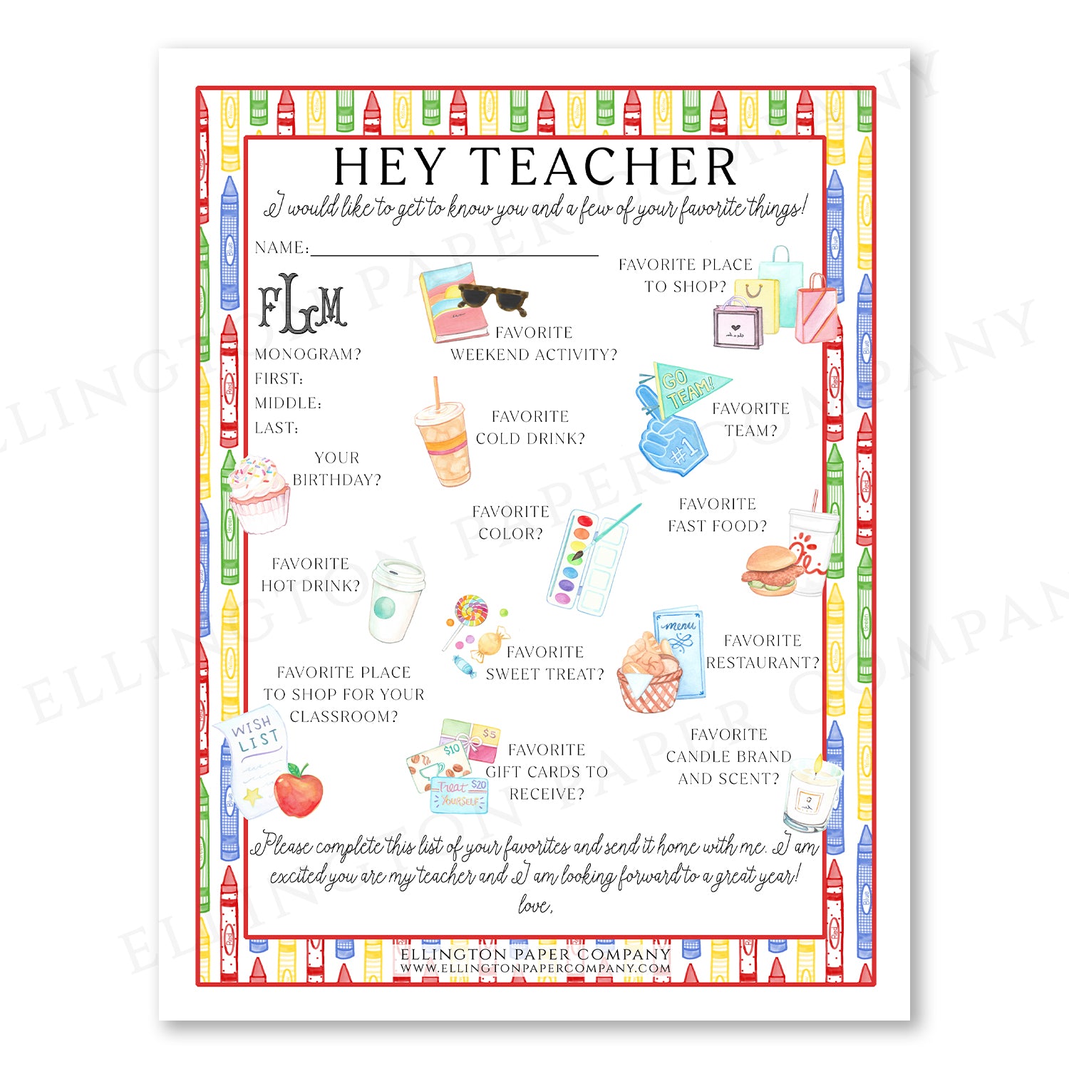 Printable "Hey Teacher" Wishlist, Crayons - Restaurant Option - Digital