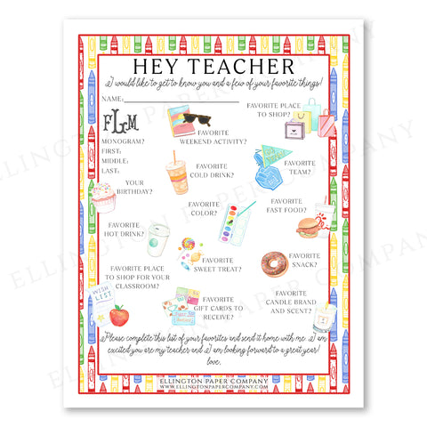 Printable "Hey Teacher" Wishlist, Crayons - Snack Option - Digital