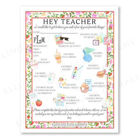 Printable "Hey Teacher" Wishlist, Floral - Restaurant Option - Digital