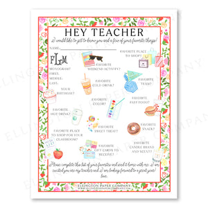 Printable "Hey Teacher" Wishlist, Floral - Snack Option - Digital