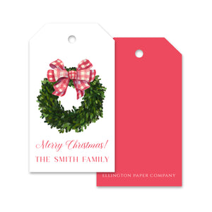Gingham Bow Boxwood Wreath Holiday Gift Tags