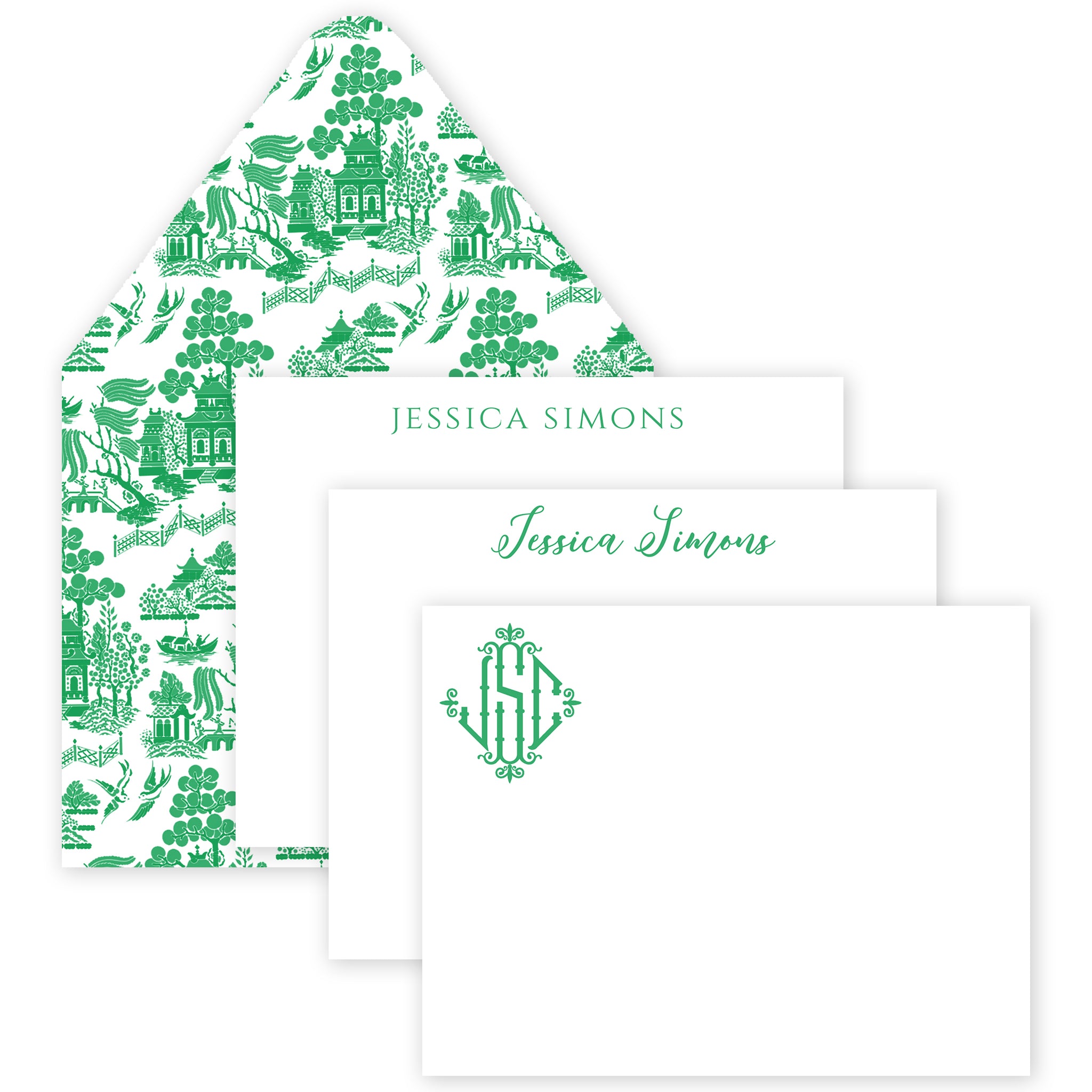 Green Chinoiserie Flat Notecards
