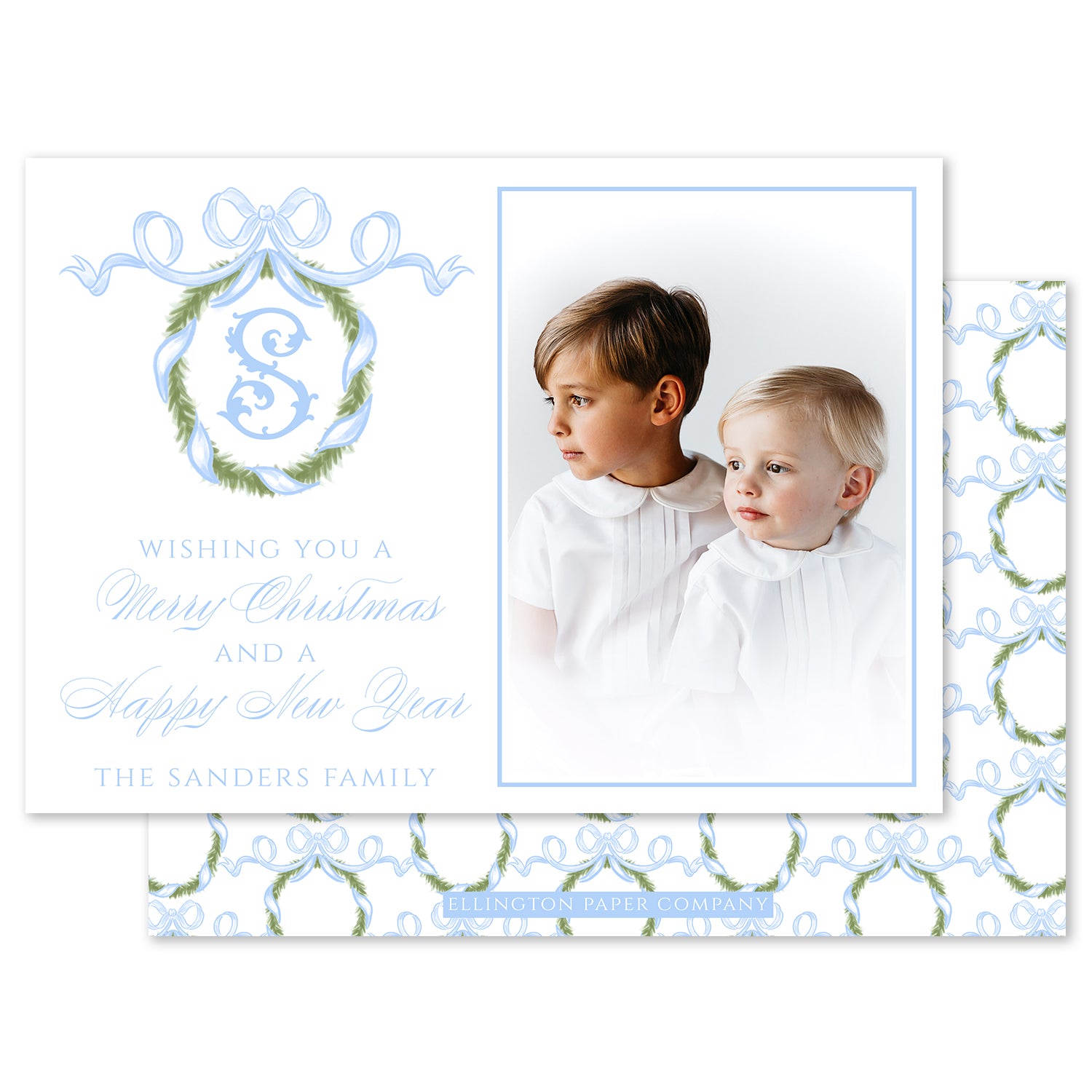 Holiday Boxwood Wreath Holiday Photo Card, Blue