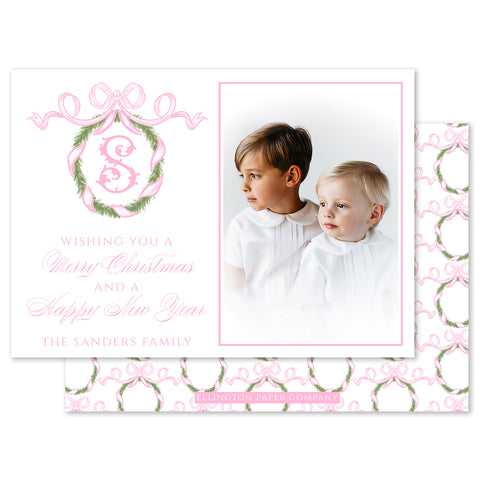 Holiday Boxwood Wreath Holiday Photo Card, Pink