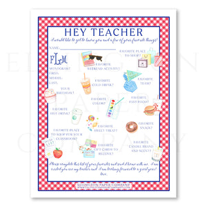 Printable "Hey Teacher" Wishlist - Digital PDF, with "Favorite Snack" instead of "Favorite Restaurant"