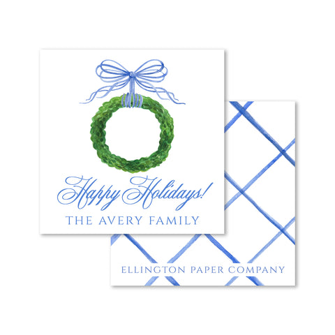 Bow & Boxwood Wreath Holiday Enclosure Cards and Stickers, Blue