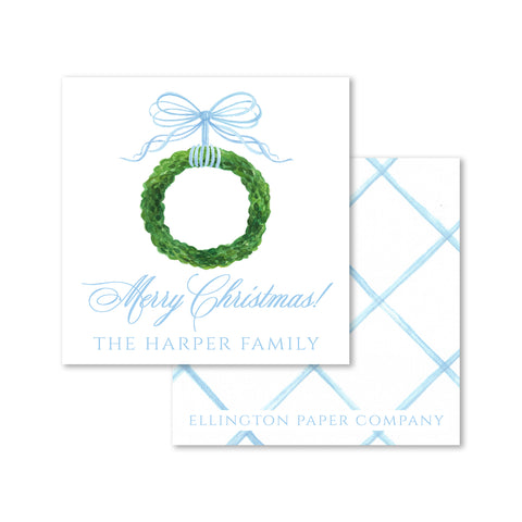 Bow & Boxwood Wreath Holiday Enclosure Cards and Stickers, Light Blue