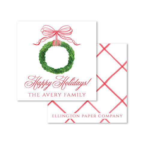 Bow & Boxwood Wreath Holiday Enclosure Cards and Stickers, Red