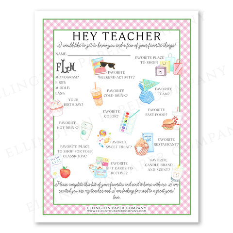 Printable "Hey Teacher" Wishlist, Pink Gingham - Restaurant Option - Digital