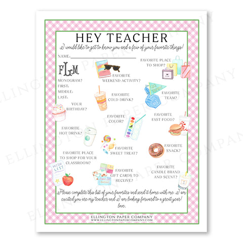 Printable "Hey Teacher" Wishlist, Pink Gingham - Snack Option - Digital