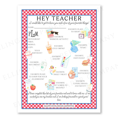 Printable "Hey Teacher" Wishlist, Red Gingham - Restaurant Option - Digital