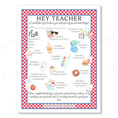 Printable "Hey Teacher" Wishlist, Red Gingham - Snack Option - Digital