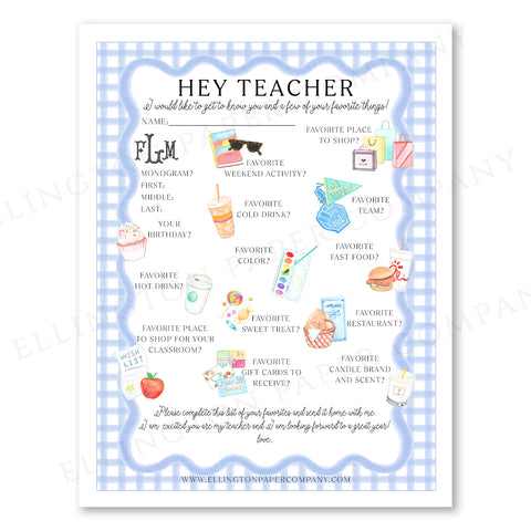 Printable "Hey Teacher" Wishlist, Blue Scallop - Restaurant Option - Digital