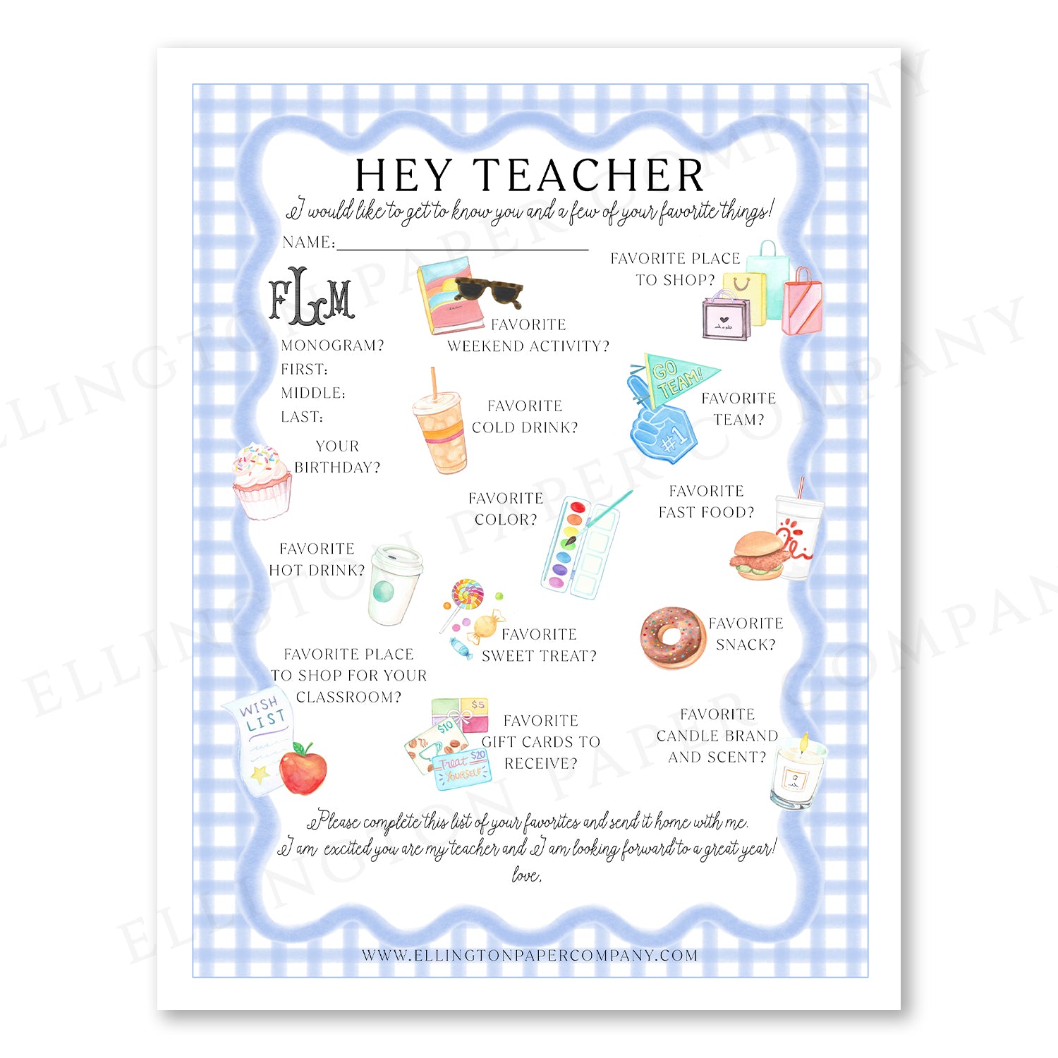 Printable "Hey Teacher" Wishlist, Blue Scallop - Snack Option - Digital