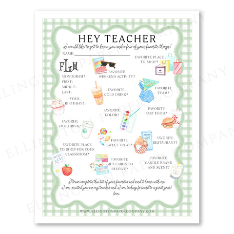 Printable "Hey Teacher" Wishlist, Green Scallop - Restaurant Option - Digital