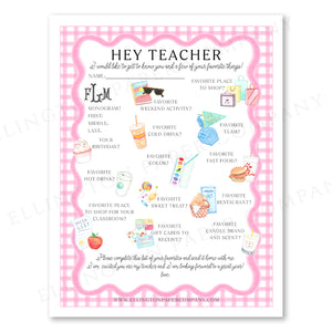 Printable "Hey Teacher" Wishlist, Pink Scallop - Restaurant Option - Digital