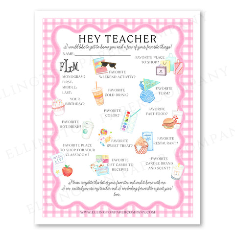 Printable "Hey Teacher" Wishlist, Pink Scallop - Restaurant Option - Digital