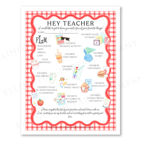 Printable "Hey Teacher" Wishlist, Red Scallop - Restaurant Option - Digital